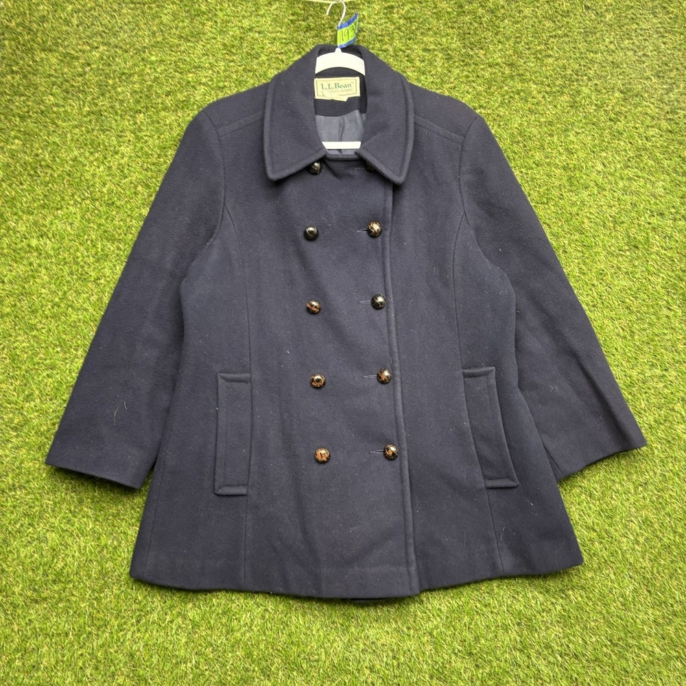 LL Bean Lambswool Peacoat Womens 16 Dark Navy Blue Button Up Dress Overcoat